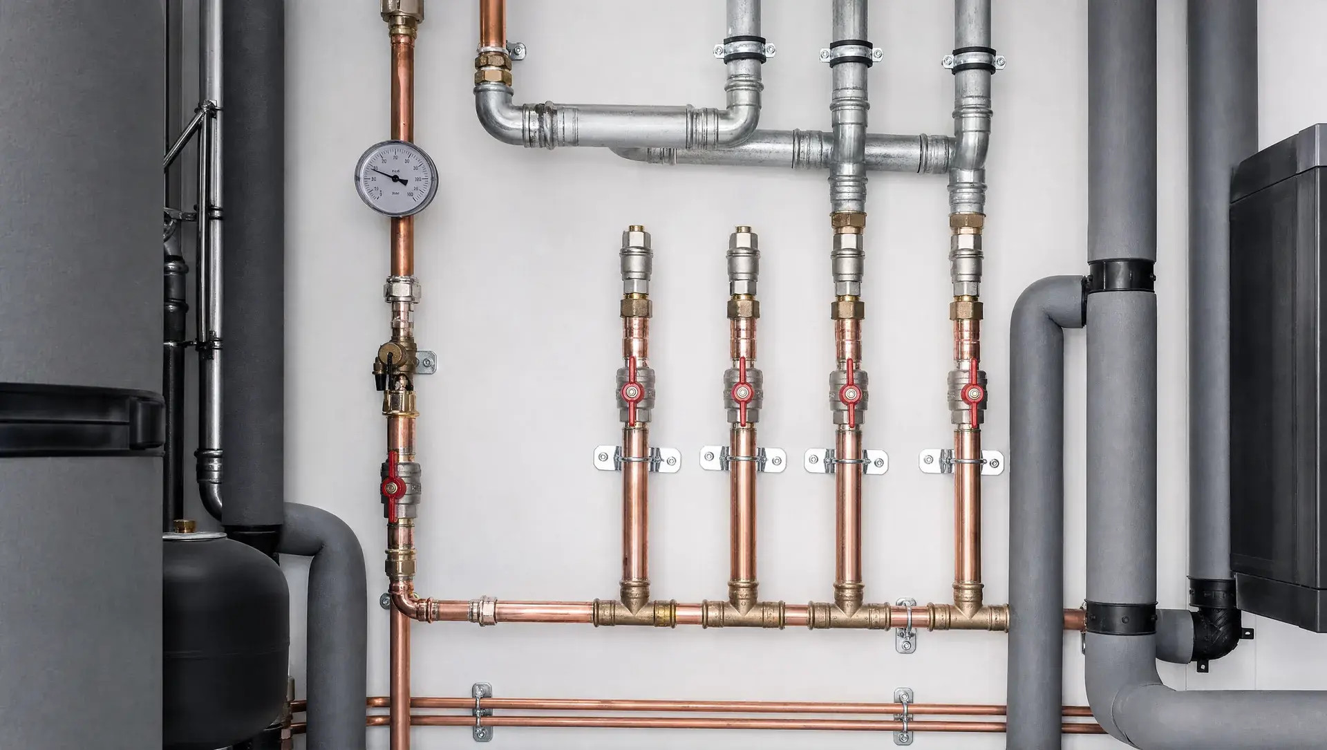 Strak uitgelijnd koper- en staalleidingwerk met afsluiters en een manometer in een technische ruimte.