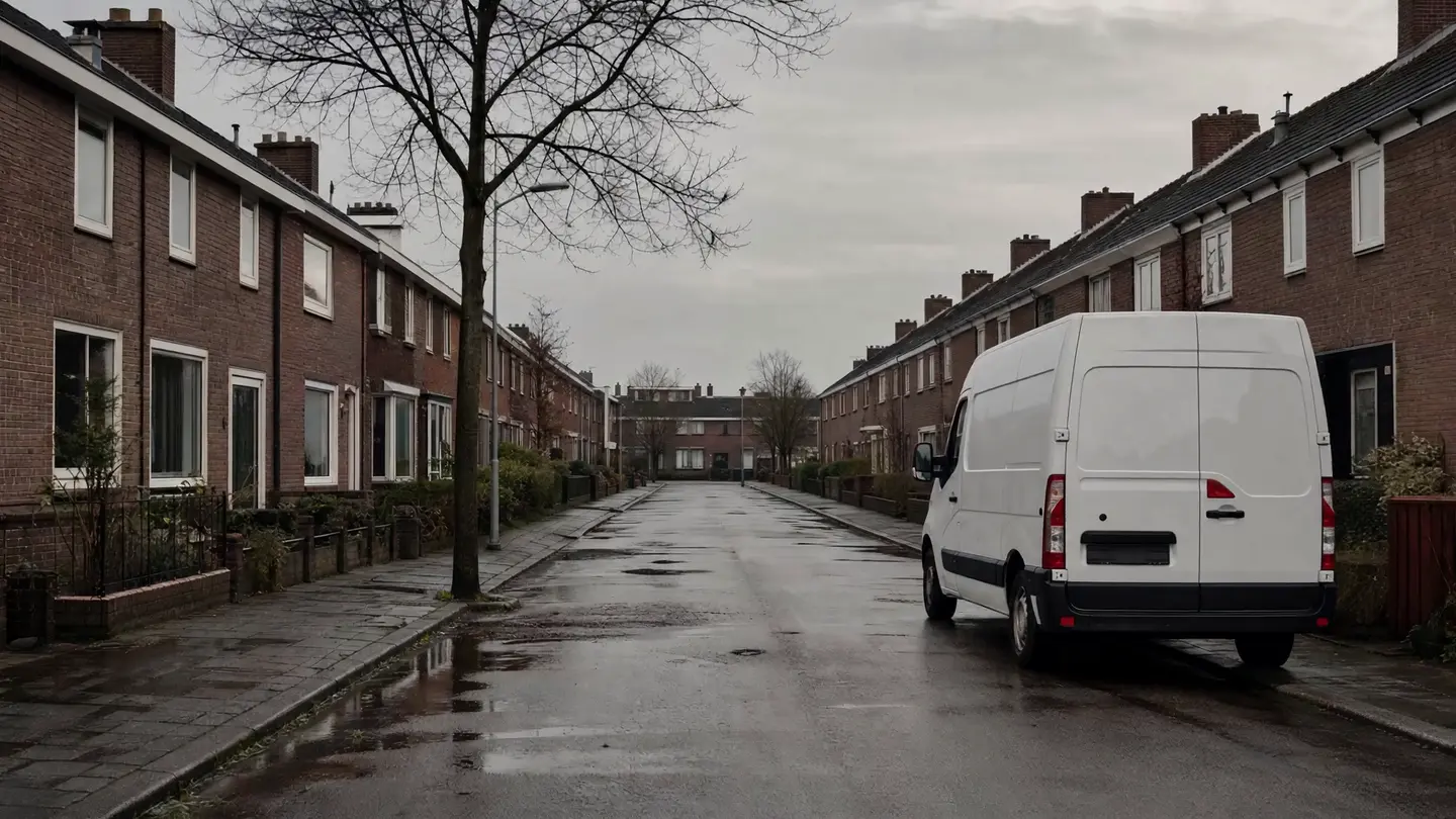 Een polderstraat met naoorlogse rijwoningen; langs de stoep staat een witte bestelbus zonder belettering.